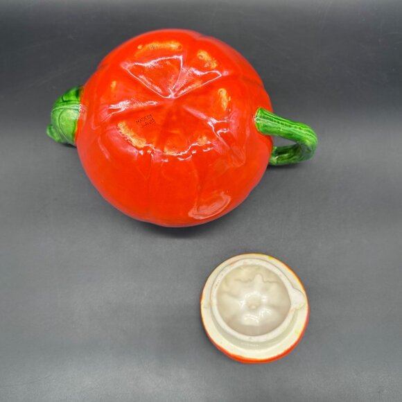 Vintage Tomato Teapot 1950s Japan Kitschy Ceramic Red Green Kitchen Retro Veggie - Picture 7 of 11